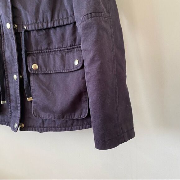 Topshop-Navy Utility Lightweight Jacket With Plaid Hood/Gold Hardware - Picture 6 of 9